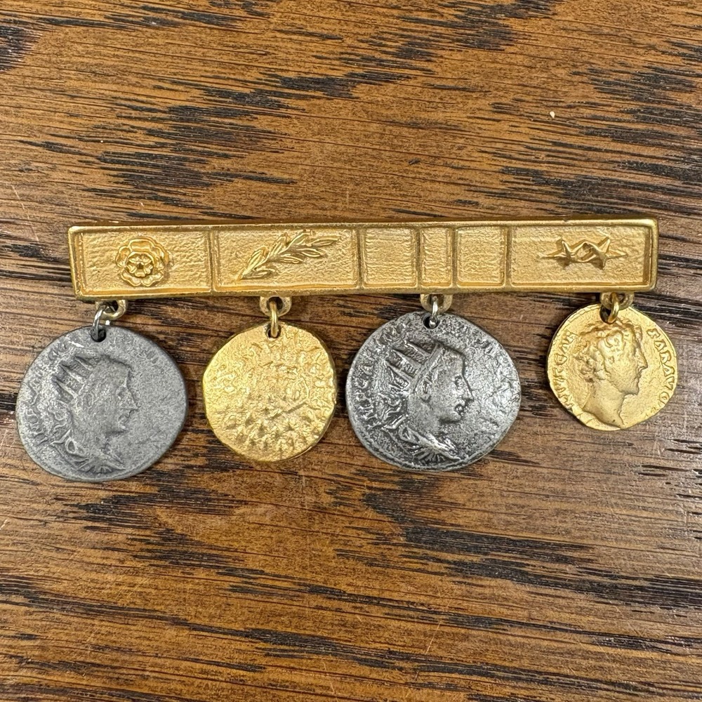 Vintage Faux Coin Charm Drop Bar Brooch Pin Roman Revival Gold Tone Brooch